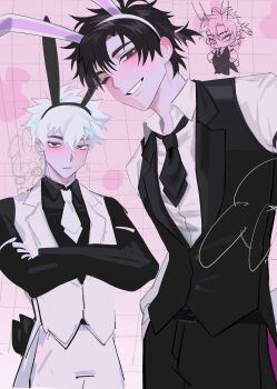 2boys absurdres alternate_costume animal_ears antenna_hair belt black_belt black_eyes black_hair black_necktie black_pants black_shirt black_vest blush cheng_xiaoshi chibi chibi_inset closed_mouth collared_shirt commentary_request cowboy_shot crossed_arms doodle_inset fake_animal_ears grin hair_between_eyes heart highres long_sleeves looking_at_viewer lu_guang male_focus male_playboy_bunny multiple_boys necktie one_eye_closed pants pink_background pink_theme ponytail rabbit_ears rabbit_tail samong shiguang_dailiren shirt short_hair short_ponytail smile tail teeth vest white_hair white_necktie white_pants white_shirt white_vest
