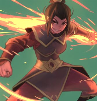 1girl armor avatar:_the_last_airbender avatar_legends azula black_eyes black_hair evil_grin evil_smile feet_out_of_frame fighting_stance fire green_background grin hair_bun highres kelvin_hiu looking_at_viewer princess pyrokinesis single_hair_bun smile solo topknot