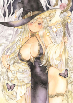 1girl :o animal_ear_fluff animal_ears belt black_dress black_hat blush breasts brown_belt buckle bug butterfly commentary_request cowboy_shot dress eyes_visible_through_hair groin hair_over_one_eye hat hat_belt highres holding holding_staff insect large_breasts long_bangs looking_at_viewer marker_(medium) no_panties original parted_bangs parted_lips side_slit sleeveless sleeveless_dress solo spaghetti_strap staff standing thigh_strap traditional_media watermark witch_hat yukinoko_ac