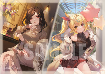 2girls :t alcohol balloon bar_(place) bare_shoulders black_shirt blonde_hair blue_hair blunt_bangs blush bottle braid breasts brown_coat brown_hair brown_sweater buttons cleavage_cutout clothing_cutout coat copyright_notice cowboy_shot cowlick cup drinking_glass duffel_coat feet_out_of_frame fingernails flower frilled_skirt frills fringe_trim fur-trimmed_coat fur_trim hair_intakes hair_ornament hair_over_shoulder hairclip halter_shirt halterneck hanging_light heterochromia holding holding_balloon hoshikawa_sara ice ice_cube indoors large_breasts lily_(flower) long_hair long_skirt long_sleeves looking_at_viewer mall miniskirt mole mole_under_eye multicolored_hair multiple_girls nail_polish nijisanji noir_eku off-shoulder_shirt off_shoulder official_art open_clothes open_coat parted_lips pink_flower pink_hair pink_skirt plaid_clothes plaid_skirt pleated_skirt pout purple_nails red_eyes red_skirt sample_watermark sharp_fingernails shawl shelf shirayuki_tomoe shirt side_ponytail single_braid sitting skirt sleeves_past_wrists smile split_screen star_balloon stool streaked_hair sweater swept_bangs turtleneck turtleneck_sweater vase virtual_youtuber watermark white_shawl x_hair_ornament yellow_eyes