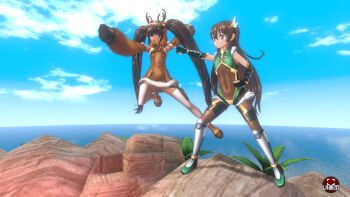 1boy 1girl 3d action_taimanin alternate_costume alternate_hairstyle androgynous blue_sky boots breasts brown_hair christmas_dress cosplay costume dark_skin dress fake_horns full_body gloves hair_ornament hairclip hand_on_own_hip hat high_ponytail highleg highleg_leotard highres horns huge_breasts index_finger_raised jumping leotard lilith-soft lips long_hair looking_to_the_side mizuki_yukikaze monster_boy official_alternate_costume ponytail screencap see-through_clothes see-through_leotard shiny_clothes simple_background skirt sky smile taimanin_(series) taimanin_yukikaze trap uehara_shikanosuke very_long_hair wide_hips