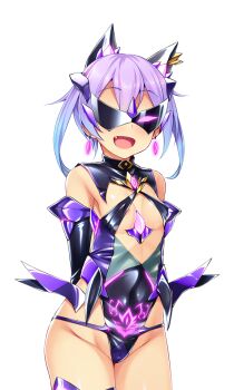 1girl :d animal_ears arms_behind_back bare_shoulders blindfold blue_hair breasts corruption covered_eyes covered_navel cowboy_shot dark_persona earrings elbow_gloves evil_aqua eye_mask fang fujii_natsumi_(ysphere) game_cg gem gloves glowing gradient_hair highleg highleg_leotard jewelry large_variant_set leotard mask mind_control multicolored_hair non-web_source official_art open_mouth pubic_tattoo purple_hair satou_kuuki shiny_clothes short_hair simple_background small_breasts smile solo soukou_seiki_ysphere standing tattoo thighhighs transparent_background twintails variant_set