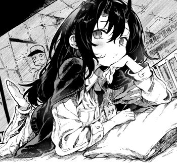 Rule 34 | 1girl, :t, barefoot, blush, cardigan, cardigan on shoulders, collared jumpsuit, cushion, greyscale, hair between eyes, hair between horns, hatching (texture), highres, horns, jumpsuit, long hair, long sleeves, lying, mole, mole under mouth, monochrome, nakanakacxy, name tag, on stomach, original, solo, the pose