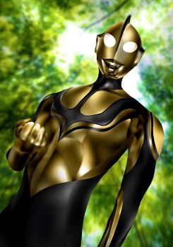 1boy alien black_skin blurry blurry_background clenched_hand colored_skin commentary compound_eyes depth_of_field dorsal_fin dutch_angle forest giant giant_male glowing glowing_eyes gold_skin gradient_eyes hand_up hanejidyna86 highres looking_at_viewer male_focus multicolored_eyes multicolored_skin nature no_pupils outdoors pectorals shin_ultraman solo tokusatsu toned toned_male tree two-tone_skin ultra_series upper_body white_eyes yellow_eyes zoffy_(shin)