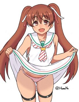 1girl adversarial_noise brown_eyes brown_hair clothes_lift dark-skinned_female dark_skin dress dress_lift fang hair_ribbon hamuno highres kantai_collection libeccio_(kancolle) long_hair looking_at_viewer low-cut_armhole neckerchief one-hour_drawing_challenge panties ribbon sailor_collar side-tie_dress simple_background sleeveless sleeveless_dress smile solo striped_clothes striped_neckerchief striped_panties thigh_strap twintails twitter_username underwear white_background white_dress white_sailor_collar