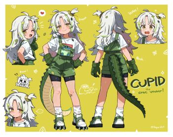 1girl absurdres ahoge animal animal_in_clothes bandaid bandaid_on_leg bike_shorts bike_shorts_under_shorts black_shorts border closed_mouth clothing_cutout contrapposto crocodile crocodile_girl crocodilian crocodilian_gloves crocodilian_tail cropped_shoulders cropped_torso crying cupid_(cupidyle) deformed dot_nose english_text flower flower_ornament from_behind from_side gao gloves green_background green_gloves green_hair green_overalls green_shoes green_shorts grey_hair hair_flower hair_ornament hands_on_own_hips head_tilt heart hepari highres indie_virtual_youtuber invisible_floor leaf leaf_on_head lily_pad long_hair looking_at_viewer looking_to_the_side loose_socks messy_hair multicolored_hair multicolored_shoes multiple_views notice_lines one_side_up open_mouth outside_border overalls scales sharp_teeth shirt shoes short_eyebrows shorts single_off_shoulder smile socks speech_bubble spiked_shoes spikes spoken_heart standing streaked_hair streaming_tears sweatdrop t-shirt tail tail_through_clothes tears teeth thick_eyebrows twitter_username two-tone_shoes virtual_youtuber white_border white_shirt white_shoes white_socks yellow_eyes