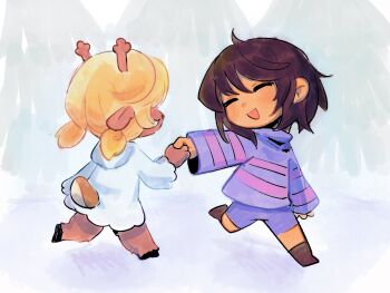 1girl 1other animal_ears antlers blonde_hair blue_shorts blue_sweater brown_hair brown_shoes colored_skin commentary deer_antlers deer_ears deer_girl deer_tail double_horizontal_stripe english_commentary frisk_(undertale) furry furry_female highres holding_hands hooves horns kannonkaza low_twintails noelle_holiday open_mouth robe shoes short_hair shorts smile sweater tail twintails undertale utdr_(toby_fox) white_robe yellow_skin