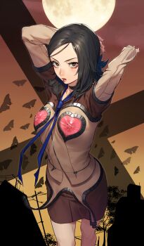 1girl amano_maya beeeeen black_hair breasts brown_eyes covered_erect_nipples heart highres looking_at_viewer medium_breasts necktie nipples open_mouth persona persona_2 see-through_clothes see-through_shirt short_hair skirt solo