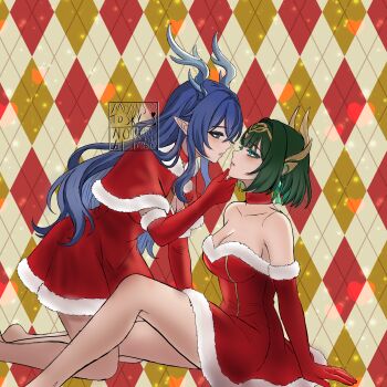 2girls absurdres antlers argyle_background bare_shoulders blue_eyes breasts capelet choker cleavage commentary dress ear_covers elbow_gloves english_commentary genshin_impact gloves green_eyes green_hair hair_over_one_eye hairband hand_on_another's_chin hand_rest headgear highres horns kneeling large_breasts lauma_(genshin_impact) long_hair looking_at_another moonstosky multiple_girls nefer_(genshin_impact) parted_lips pointy_ears purple_hair red_capelet red_choker red_dress red_gloves santa_costume short_hair yuri