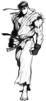 Rule 34 | 1boy, bare shoulders, barefoot, clenched hands, dougi, fingerless gloves, forked eyebrows, full body, game cg, gloves, headband, highres, looking at viewer, male focus, martial arts belt, mma gloves, monochrome, muscular, muscular male, nishimura kinu, non-web source, official art, ryu (street fighter), short hair, solo, street fighter, street fighter ii (series), torn clothes, torn sleeves, white background