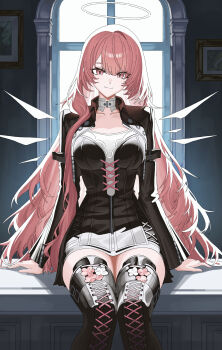 1girl absurdres angel arknights black_boots black_dress boots breasts cheong_seol commentary detached_wings dress halo highres indoors large_breasts lemuen_(arknights) long_hair looking_at_viewer pink_eyes pink_hair smile solo thighhighs thighs very_long_hair wings zettai_ryouiki