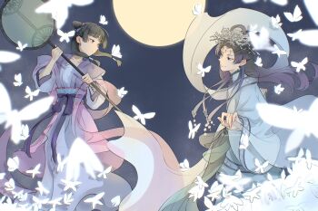 Rule 34 | 1boy, 1girl, anisatoshii, blunt bangs, bug, butterfly, chinese clothes, feet out of frame, full moon, green hair, hair bun, hair tubes, half updo, hand fan, headdress, highres, holding, holding fan, insect, jinshi (kusuriya no hitorigoto), kusuriya no hitorigoto, long hair, looking at another, maomao (kusuriya no hitorigoto), moon, parted bangs, purple hair, sidelocks, smile, twitter username, white butterfly, wide sleeves