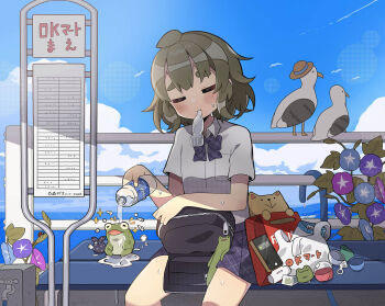 1girl bag bird black_bow black_bowtie black_skirt blue_flower blue_sky blush bottle bow bowtie closed_eyes closed_mouth cloud collared_shirt commentary_request cowboy_shot day flower frog green_hair highres holding holding_bottle kei_s01 miniskirt original outdoors papico_(ice_cream) plaid_bow plaid_bowtie plaid_clothes plaid_skirt pleated_skirt pouring purple_flower seagull shirt short_hair short_sleeves sitting skirt sky solo thick_eyebrows water water_bottle white_shirt