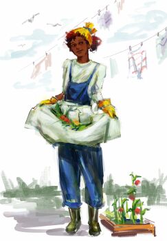 Rule 34 | 1girl, apron, boots, clothesline, commentary, dark-skinned female, dark skin, disco elysium, elizabeth beaufort, full body, gloves, hat, head tilt, highres, lockwqq, long sleeves, plant, rubber gloves, shirt, short hair, simple bird, smile, standing, suspenders, untranslatable commentary, white shirt, yellow gloves