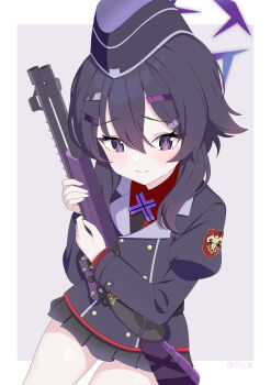 1girl absurdres artist_name baozi_9527 black_skirt blue_archive border closed_mouth commentary fabarm_fp6 gun hair_ornament hairclip halo haruka_(blue_archive) hat highres holding holding_gun holding_weapon jacket medium_hair pleated_skirt pump_action purple_background purple_eyes purple_hair purple_halo purple_hat purple_jacket red_shirt scope shirt shotgun skirt solo thighs weapon white_border