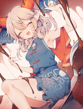 Rule 34 | 1girl, armpits, blue dress, breasts, chocolate, closed eyes, commentary request, curly hair, dress, earrings, hair between eyes, highres, hoop earrings, horn ornament, horn ribbon, horns, jewelry, looking at viewer, medium hair, open mouth, pointy ears, red horns, red sleeves, ribbon, sharp teeth, sheep horns, small breasts, smile, solo, spork, tama (soon32281), teeth, touhou, toutetsu yuuma