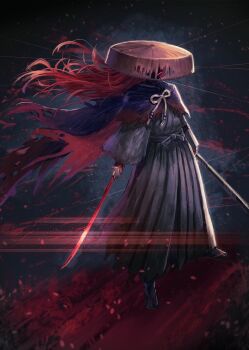 1boy cape commentary_request fate/grand_order fate_(series) full_body grey_background highres holding holding_sheath holding_sword holding_weapon japanese_clothes kuroi_susumu long_hair long_sleeves male_focus okada_izou_(fate) red_eyes red_hair sandals sandogasa sheath solo sword very_long_hair weapon