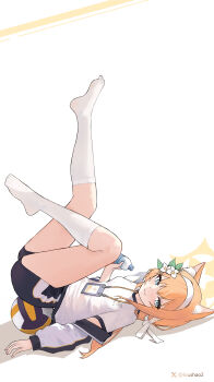 1girl absurdres animal_ear_fluff animal_ears ball blue_archive blue_eyes blue_shorts blush bottle cat_ears commentary flower gym_shirt gym_shorts gym_uniform hair_flower hair_ornament hairband halo highres holding holding_bottle id_card jacket kneehighs lanyard legs_up long_hair looking_at_viewer loushao lying mari_(blue_archive) mari_(track)_(blue_archive) multicolored_jacket official_alternate_costume on_back open_clothes open_jacket orange_hair plastic_bottle shirt shorts simple_background smile socks solo track_jacket two-tone_jacket volleyball_(object) water_bottle white_background white_flower white_hairband white_shirt white_socks yellow_halo