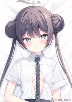 1girl bed_sheet black_necktie blue_archive braid breasts brown_hair collared_shirt commentary_request dakimakura_(medium) diagonal-striped_clothes diagonal-striped_necktie double_bun dress_shirt grey_eyes hair_bun halo highres kisaki_(blue_archive) long_hair looking_at_viewer necktie parted_lips saeki_sora shirt short_sleeves small_breasts solo striped_clothes twintails twitter_username upper_body white_shirt