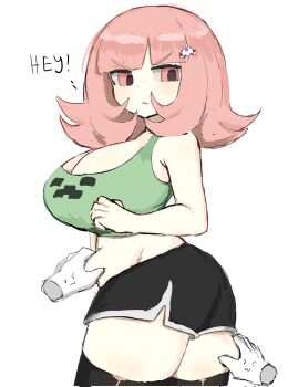 >:) 1girl :3 annoyed ass bare_shoulders black_shorts black_thighhighs blunt_bangs breasts brown_hair cleavage cowboy_shot creeper crop_top danganronpa_(series) danganronpa_2:_goodbye_despair disembodied_hand dolphin_shorts dot_nose eyebrows_hidden_by_hair flipped_hair frown grabbing_another's_stomach grabbing_another's_thighs green_shirt green_tank_top grey_background hair_ornament hand_on_another's_thigh highres jitome large_breasts light_blush looking_at_viewer looking_back m3link medium_hair midriff minecraft mole mole_on_breast nanami_chiaki narrowed_eyes parted_lips pink_eyes pink_hair plump shirt shorts sidelocks simple_background skindentation solo_focus tank_top taut_clothes taut_shorts thighhighs thighs v-shaped_eyebrows