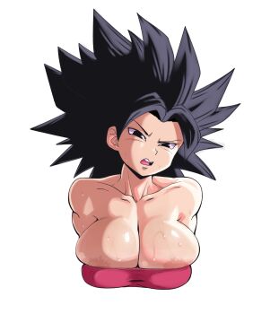 areola_slip arms_behind_back black_hair breasts caulifla confused dragon_ball dragon_ball_super highres large_breasts pseudocel saiyan spiked_hair strapless sweatdrop tight_top tube_top upper_body