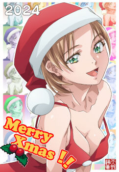 1girl 2024 amano_yo-ki blonde_hair breasts cleavage commentary_request dress green_eyes hat medium_breasts medium_hair merry_christmas mistletoe original red_dress santa_hat signature solo strap_slip upper_body