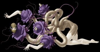 Rule 34 | 1girl, black hair, black sclera, colored sclera, colored skin, demon (megami tensei), devil survivor (series), devil survivor 1, flower, grin, highres, jezebel (megami tensei), kazuma kaneko, kneeling, monster girl, official art, plant girl, purple flower, red eyes, smile, solo, third-party source, transparent background, white skin