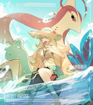 1girl bikini bikini_under_clothes black_bikini blonde_hair blue_sarong brown_hat colored_sclera crop_top cynthia_(pokemon) cynthia_(summer_2025)_(pokemon) flower full_body gen_3_pokemon grey_eyes hair_over_one_eye hat hat_flower highres holding holding_ice_cream_cone ice_cream_cone long_hair looking_at_viewer milotic nintendo official_alternate_costume pokemon pokemon_masters_ex red_sclera sarong shirt simple_background sitting smile straw_hat suikaels sun_hat swimsuit tied_shirt water watermark watermark_grid white_shirt