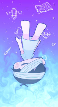 1boy absurdres antenna_hair bandaged_head bandages barefoot black_hair chibi chibi_only closed_eyes commentary_request eyepatch highres hospital_gown male_focus medical_eyepatch omori purple_sky short_hair short_sleeves sky solo spoilers sunny_(hospital_gown)_(omori) sunny_(omori) upside-down yksm_oe