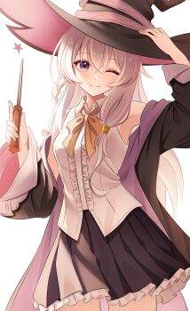 1girl absurdres armpit_crease armpits black_coat black_hat black_skirt blush bow braid breasts chijiandeyusang coat cowboy_shot dot_nose elaina_(majo_no_tabitabi) frilled_skirt frills grey_eyes grey_hair hair_between_eyes hand_on_headwear hat highres holding holding_wand long_hair looking_at_viewer majo_no_tabitabi off_shoulder one_eye_closed pleated_skirt shirt side_braid simple_background single_braid skirt sleeveless sleeveless_shirt small_breasts smile solo star_(symbol) swept_bangs wand white_background white_shirt witch witch_hat yellow_bow
