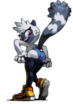 1girl ass bittenhard black_pants blue_panties body_fur clothes_pull from_behind full_body furry furry_female grey_fur leaning_forward lemur_ears lemur_girl lemur_tail looking_at_viewer looking_back open_mouth panties pants pants_pull pulling_own_clothes purple_eyes shoes smile sneakers solo sonic_(series) sonic_the_hedgehog_(idw) standing tail_raised tangle_the_lemur teeth topless_female underwear undressing upper_teeth_only white_fur yellow_shoes