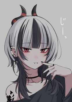 Rule 34 | 1girl, absurdres, black choker, black hair, black horns, black nails, black shirt, blue archive, blunt bangs, bright pupils, choker, commentary request, cross, cross earrings, ear piercing, earrings, eyeshadow, fangs, fangs out, grey background, highres, horns, jewelry, kayoko (blue archive), long hair, long sleeves, looking at viewer, makeup, nail polish, nyanzai-sensei, piercing, red eyes, red eyeshadow, shirt, shoulder tattoo, single bare shoulder, single off shoulder, smile, solo, tattoo, translation request, white hair, white pupils
