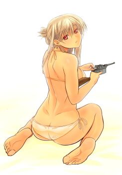 1girl ass bad_id bad_pixiv_id barefoot bikini female_focus from_behind full_body grey_hair gun handgun highres long_hair looking_back mauser_c96 nude original pistol red_eyes sabaku_no_tanuki side-tie_bikini_bottom simple_background solo string_bikini swimsuit weapon white_background white_bikini