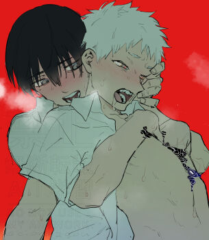 2boys black_hair blush collared_shirt grey_eyes hikaru_ga_shinda_natsu indou_hikaru male_focus mole mole_on_cheek mole_under_eye multiple_boys multiple_moles open_clothes open_shirt red_background red_pupils serizawa_nae shirt short_eyebrows short_hair short_sleeves slit_pupils sweat teeth tsujinaka_yoshiki uncommon_stimulation upper_body watermark white_hair white_shirt yaoi