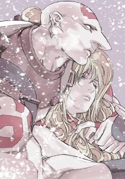 1boy 1girl absurdres albino bald blonde_hair bracer collar colored_skin couple earrings effie_(street_fighter) highres hoop_earrings hug jewelry long_nose markings muscular muscular_male necro_(street_fighter) no_pupils pale_skin red_collar snowing street_fighter street_fighter_iii_(series) tattoo topless_male white_skin yoshihara_motoki