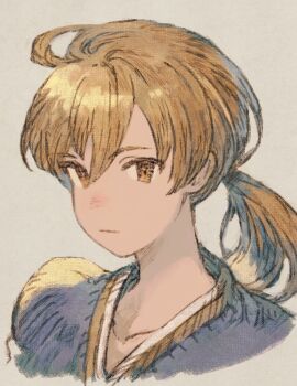 1boy :| blonde_hair blue_shirt brown_eyes closed_mouth collarbone commentary_request cropped_shoulders final_fantasy final_fantasy_tactics highres maeka_(kumaekake) male_focus parted_bangs ponytail portrait ramza_beoulve shirt simple_background solo upper_body