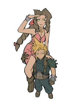 1boy 1girl aerith_gainsborough armor baggy_pants bandaged_arm bandages bangle bare_shoulders belt blonde_hair blue_eyes blue_pants blue_shirt boots bracelet braid braided_ponytail breasts brown_belt brown_boots brown_gloves center_opening choker chomchomchomp cleavage closed_mouth cloud_strife commentary dress english_commentary final_fantasy final_fantasy_vii from_above gloves green_eyes hair_ribbon hand_on_another's_shoulder highres jewelry long_hair medium_breasts pants parted_bangs pauldrons pink_dress pink_ribbon ribbed_shirt ribbon ribbon_choker salute shading_eyes shirt short_hair shoulder_armor sidelocks single_braid single_pauldron sitting_on_shoulder sleeveless sleeveless_turtleneck smile spiked_hair suspenders turtleneck white_background