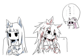 Rule 34 | animal ears, beer hsk, bow, character request, commentary request, cropped torso, ear bow, ear ribbon, hair between eyes, long hair, mask, monochrome, mouth mask, narita brian (umamusume), orfevre (old design) (umamusume), ponytail, school uniform, shirt, simple background, tracen school uniform, translation request, umamusume, very long hair, white background