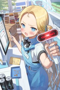 1girl absurdres angel&#039;s_24_uniform_(blue_archive) apron barcode_scanner black_bow black_bowtie blonde_hair blue_apron blue_archive blue_eyes blush bow bowtie box can cardboard_box coin commentary_request convenience_store desktop_(computing) energy_drink forehead halo highres holding holding_barcode_scanner holding_pen holed_coin id_card indoors looking_at_viewer math monitor object_in_pocket open_mouth part_time_job parted_bangs pen pen_in_pocket pocket polo_shirt scrunchie shirt shop solo sora_(blue_archive) store_clerk superpig sweatdrop two_side_up white_shirt white_wings wings wrist_scrunchie yen