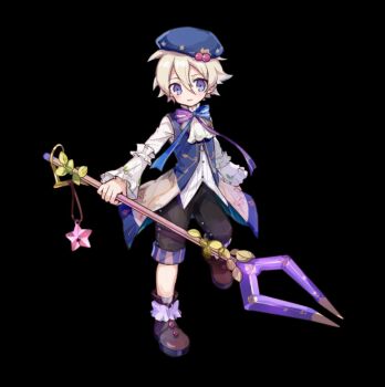 1boy black_background black_shorts blonde_hair blue_eyes blue_hat blue_vest boots bow bowtie brown_boots collared_shirt full_body hair_between_eyes hat holding holding_polearm holding_weapon long_sleeves merc_storia merc_storia_art_team official_art parted_lips polearm shirt short_hair shorts simple_background solo standing star_(symbol) tachi-e vest weapon white_shirt wide_sleeves yunt_(merc_storia)
