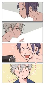 Rule 34 | 2boys, angry, blue lock, blush, brown eyes, closed eyes, closed mouth, commentary request, exhausted, green background, grey hair, hair dryer, hi 36 ro, highres, mikage reo, multiple boys, nagi seishirou, pink background, purple hair, short hair, smile, staring, towel, towel around neck, water drop, wet, wet face, wet hair, white background, yaoi