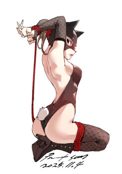 1girl ass bdsm black_leotard bound bound_legs bound_wrists breasts bridal_gauntlets brown_eyes brown_hair fishnet_gloves fishnet_thighhighs fishnets full_body gloves high_heels highres leotard looking_at_viewer mask nabipenciller original ponytail rope seiza sitting small_breasts solo thighhighs