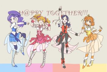 4girls ^_^ adapted_costume ankle_ribbon ankle_socks anklet aono_miki arm_up bare_shoulders black_bow black_hair black_ribbon black_thighhighs black_wrist_cuffs blonde_hair blue_ribbon blue_skirt blue_vest blue_wrist_cuffs boots bow bowtie brooch brown_hair buttons clenched_hand closed_eyes clothing_cutout collar commentary_request cosplay crop_top cross-laced_vest cure_berry cure_berry_(cosplay) cure_passion cure_passion_(cosplay) cure_peach cure_peach_(cosplay) cure_pine cure_pine_(cosplay) dancing detached_collar detached_sleeves dot_nose double_v dress english_text eyelashes fingers_to_cheeks fist_pump footwear_ribbon fresh_precure! frilled_dress frilled_skirt frilled_sleeves frills full_body grey_background grin group_name hair_ornament hair_ribbon hairband happeta happy heart heart_brooch heart_button heart_hair_ornament higashi_setsuna high_heel_boots high_heels high_side_ponytail idol jewelry knee_boots knee_up kneehighs lace-up_boots leg_ribbon light_blush long_hair medium_hair midriff miniskirt momozono_love multiple_girls one_side_up orange_skirt orange_socks orange_wrist_cuffs outstretched_arm pale_skin pink_bow pink_bowtie pink_dress pink_ribbon pink_socks pink_wrist_cuffs pleated_dress pleated_skirt precure puffy_short_sleeves puffy_sleeves purple_eyes purple_hair purple_thighhighs red_bow red_eyes red_skirt red_vest ribbon ribbon-trimmed_dress ribbon_trim see-through_clothes see-through_skirt shirt short_dress short_hair short_sleeves short_twintails shoulder_boards shoulder_cutout skirt sleeve_bow sleeveless sleeveless_dress sleeveless_shirt smile socks tailcoat tareme thighhighs tsurime twintails v vest waist_bow white_boots white_collar white_hairband white_ribbon white_shirt white_sleeves wrist_cuffs yamabuki_inori yellow_bow yellow_bowtie yellow_ribbon yellow_vest