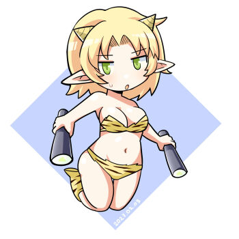 1girl animal_print bikini blonde_hair blue_background blush breasts cleavage commentary_request cone_horns cookie_(touhou) curtained_hair dated dual_wielding ehoumaki food full_body green_eyes highres holding horns itini-sanshi joker_(cookie) large_breasts looking_at_viewer makizushi mizuhashi_parsee navel open_mouth pointy_ears print_bikini setsubun short_hair simple_background solo striped_horns sushi swimsuit tiger_print touhou two-tone_background white_background yellow_horns