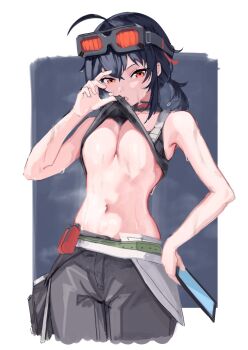 1girl absurdres bare_shoulders black_gloves black_hair black_pants breasts clothes_lift crop_top gloves goggles goggles_on_head grace_howard highres holding holding_tablet_pc large_breasts long_hair lunarisbloom midriff navel pants red_eyes shirt_lift solo stomach sweat tablet_pc underboob wiping_sweat wiping_with_clothes zenless_zone_zero