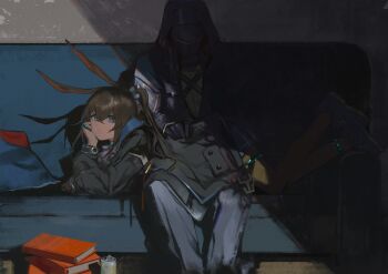 1girl 1other amiya_(arknights) animal_ears anklet arknights black_jacket blue_eyes blue_shoes book book_stack brown_hair closed_mouth commentary_request couch doctor_(arknights) gloves hair_between_eyes hand_on_another's_back hand_on_own_chin helmet highres hood hood_up indoors jacket jewelry long_hair long_sleeves looking_at_viewer lying lying_on_lap miniskirt multiple_rings on_couch open_clothes pants pantyhose pleated_skirt ponytail rabbit_ears ring shadow shoes siguma_(13238772100) sitting skirt very_long_hair