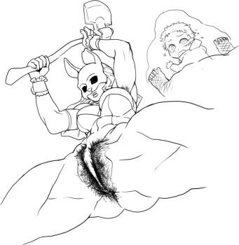 1boy 1girl armpit_hair dead_by_daylight leotard mask muscular muscular_female nezunezu pubic_hair source_request tagme the_huntress_(dead_by_daylight) weapon