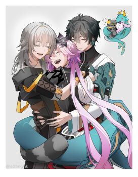 1boy 2girls 625light :d absurdres animalization black_flower black_gloves black_hair closed_eyes coat commentary dan_heng_(honkai:_star_rail) dan_heng_(hunt)_(honkai:_star_rail) dan_heng_(permansor_terrae)_(honkai:_star_rail) evernight_(honkai:_star_rail) fingerless_gloves flower gloves grey_background grey_coat grey_hair hair_between_eyes hair_flower hair_ornament happy_tears highres honkai:_star_rail honkai_(series) hug long_hair march_7th_(honkai:_star_rail) multiple_girls open_mouth person_and_animalization pink_hair short_sleeves simple_background smile stelle_(honkai:_star_rail) symbol-only_commentary tears trailblazer_(honkai:_star_rail)