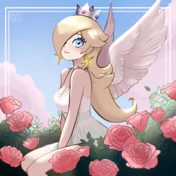Rule 34 | 1girl, angel wings, bare shoulders, belt, between legs, blonde hair, blue eyes, breasts, crown, dress, earrings, flower, gem, green belt, hair over one eye, hand between legs, highres, jeweled crown, jewelry, long hair, looking at viewer, mario (series), medium breasts, muis0802, nintendo, rosalina, rose, rose bush, silver crown, sitting, sky, sleeveless, sleeveless dress, smile, solo, star (symbol), star earrings, strapless, strapless dress, twilight, valentine, white dress, wings