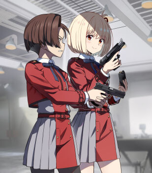 Rule 34 | 2girls, belt, black pantyhose, blonde hair, blue ribbon, blurry, blurry background, bob cut, brown eyes, brown hair, ceiling light, clenched teeth, closed mouth, collared shirt, commentary request, cowboy shot, dress, dress shirt, finger on trigger, grey dress, gun, handgun, harukawa fuki, highres, holding, holding gun, holding magazine (weapon), holding weapon, indoors, light blush, locked slide, long sleeves, looking at another, looking at viewer, lycoris recoil, lycoris uniform, m1911, magazine (weapon), multiple girls, neck ribbon, nishikigi chisato, nyoro (nyoronyoro000), pantyhose, pleated dress, profile, red belt, red dress, red eyes, reloading, ribbon, shirt, short hair, sideways mouth, smile, standing, teeth, two-tone dress, weapon, white shirt